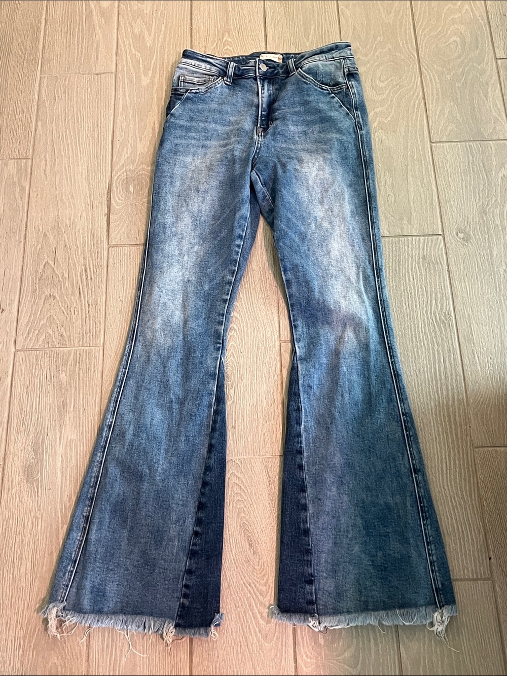 Altar'd State Two-Tone Blue Flare Jeans with Frayed Hem